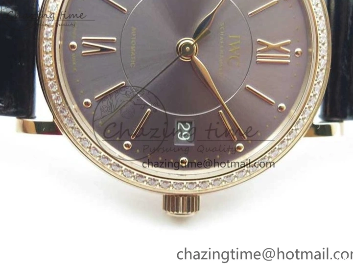 MIROTIME 1218 Durable Portofino 37mm RG V7F 1:1 Best Edition Gray Dial Diamonds Bezel on Black Leather Strap A 7089